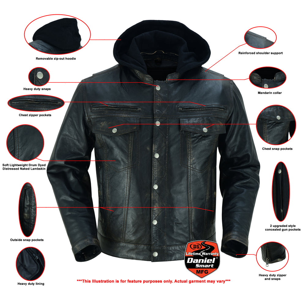 DS Men's Black Lightweight Drum Dyed  Distressed Lambskin Jacket with Removable Hoodie