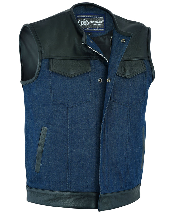 Blueburn Men's Leather & Denim Combo Motorcycle Vest (Black/Broken Blue)