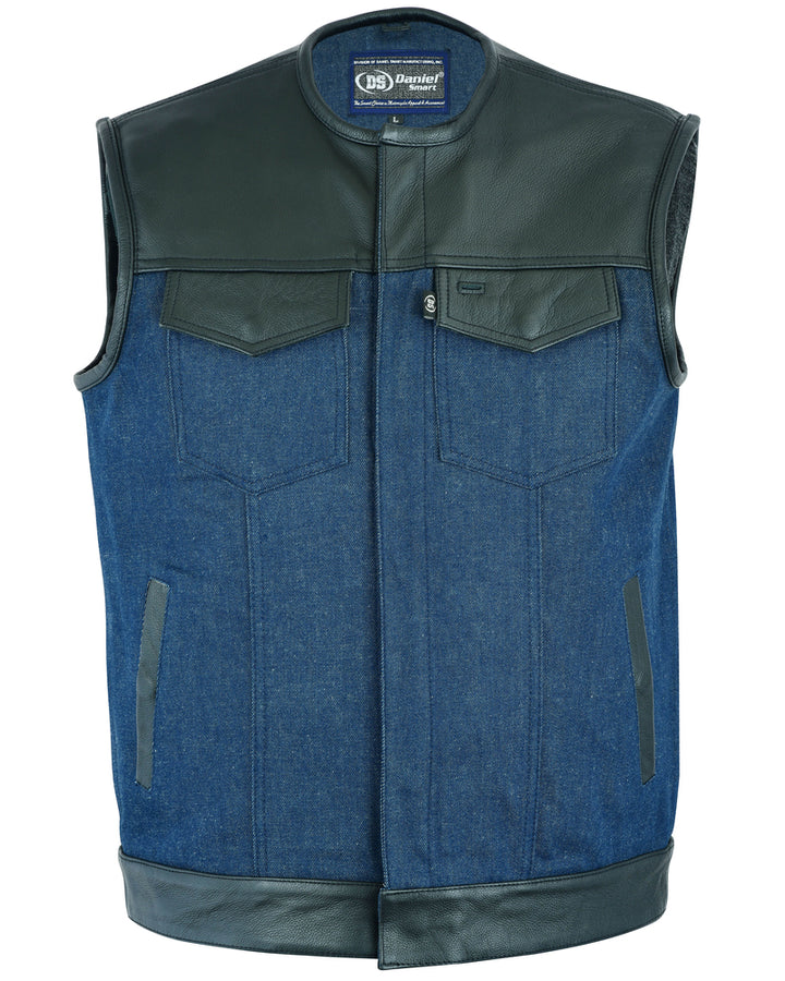 Blueburn Men's Leather & Denim Combo Motorcycle Vest (Black/Broken Blue)