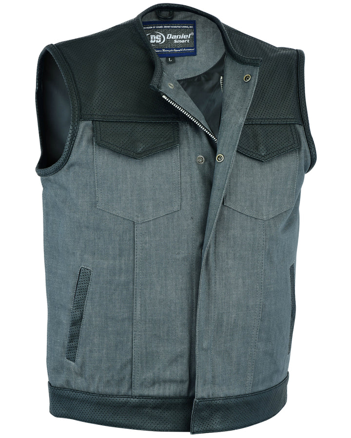 Edgeway Men's  Leather & Denim Combo Motorcycle Vest (Black/Ash Gray)