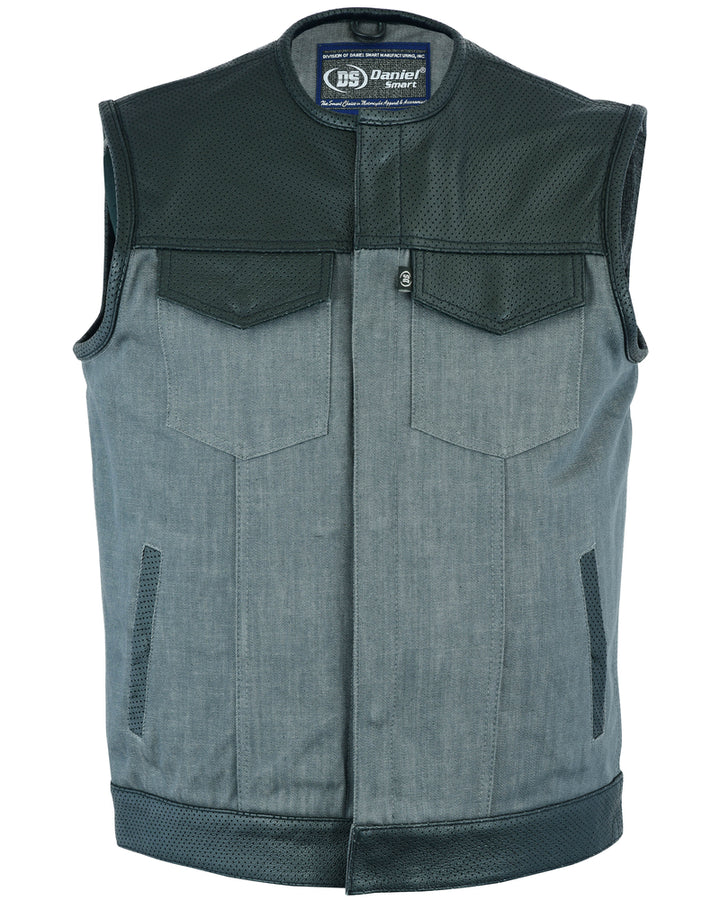 Edgeway Men's  Leather & Denim Combo Motorcycle Vest (Black/Ash Gray)