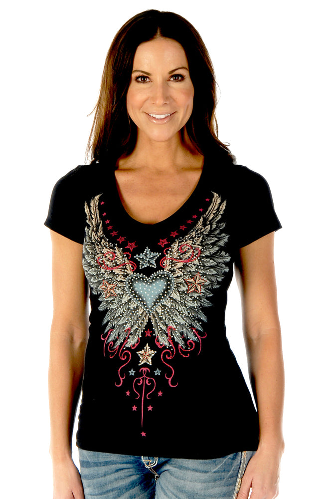 Liberty Wear Women's Vintage Wings & Stars V-Neck Top