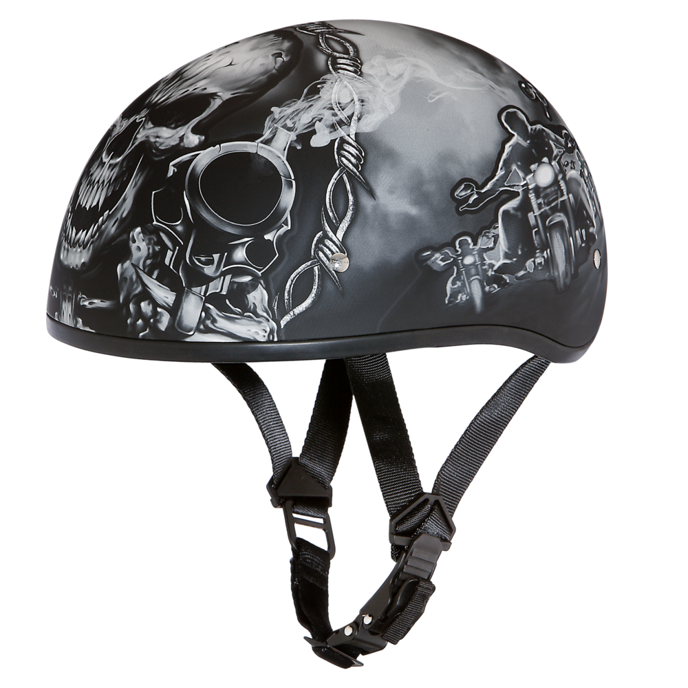 Daytona Helmets D6-G ‘Skull Cap’ with Skull and Guns Half Face Helmet Black Helmets Daytona Helmets