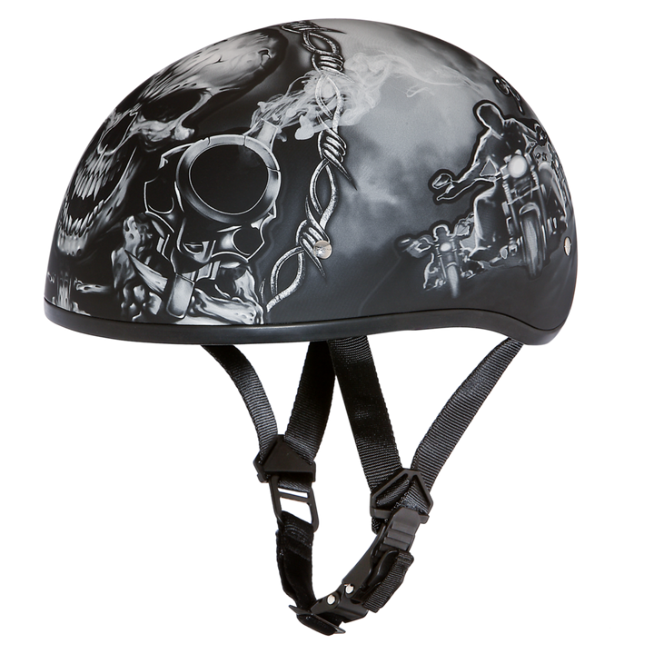 Daytona Helmets D6-G ‘Skull Cap’ with Skull and Guns Half Face Helmet Black