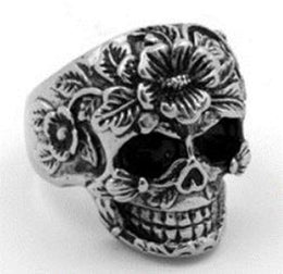 R111 Stainless Steel Flower Face Skull Biker Ring Rings Renegade Classics