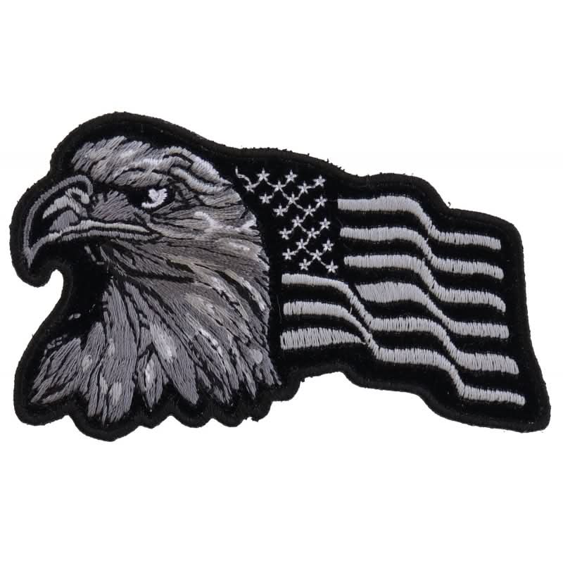 P3960 Eagle With Waving Flag Black Silver Patriotic Iron on Patch Patches The Cheap Place