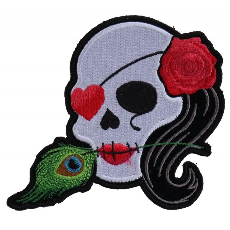 P5145 Lady Sugar Skull With Pink Rose and Feather Small Patch Patches The Cheap Place