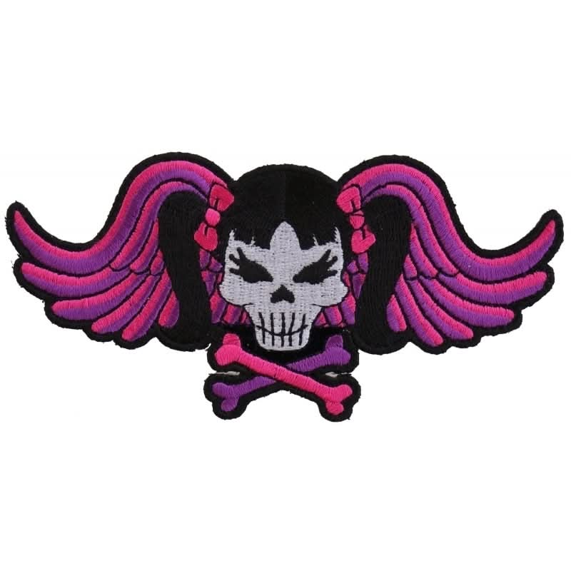 P3419 Pigtails Bow Skull and Wings Small Pink Patch Patches The Cheap Place