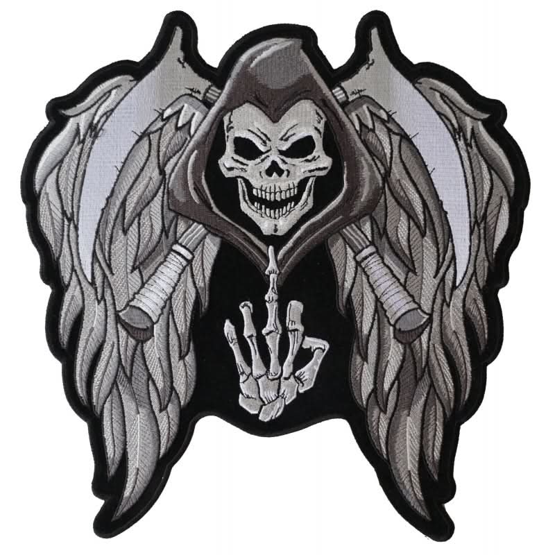 PL5144 Reaper Wings Scythe Middle Finger Embroidered Iron on Patch Patches The Cheap Place