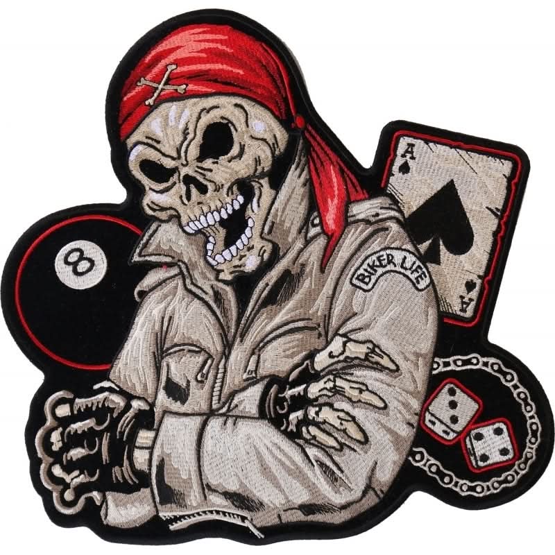 PL4247 Red Bandana Skull 8 Ball Ace of Spades Embroidered Iron on Bik Patches The Cheap Place