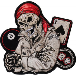 PL4247 Red Bandana Skull 8 Ball Ace of Spades Embroidered Iron on Bik Patches The Cheap Place