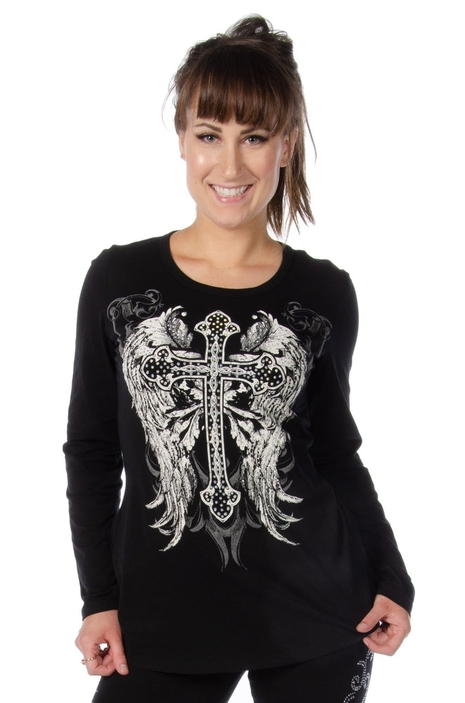 Women's Dark Angel Cross & Wing Long Sleeve Shirt