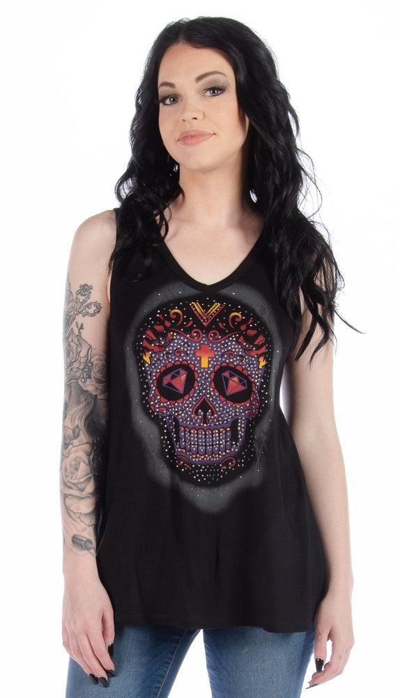 Women's Calavera Skull Lace Back Tank Top