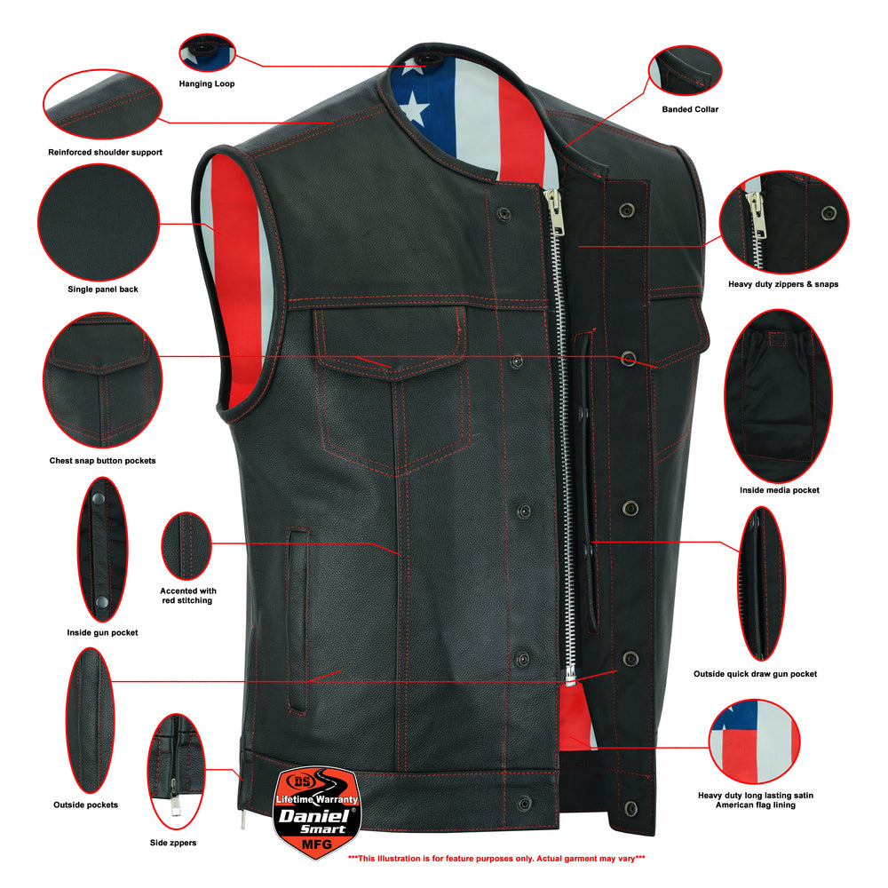 DS Men's Leather Vest with Red Stitching and USA Inside Flag Linin ...