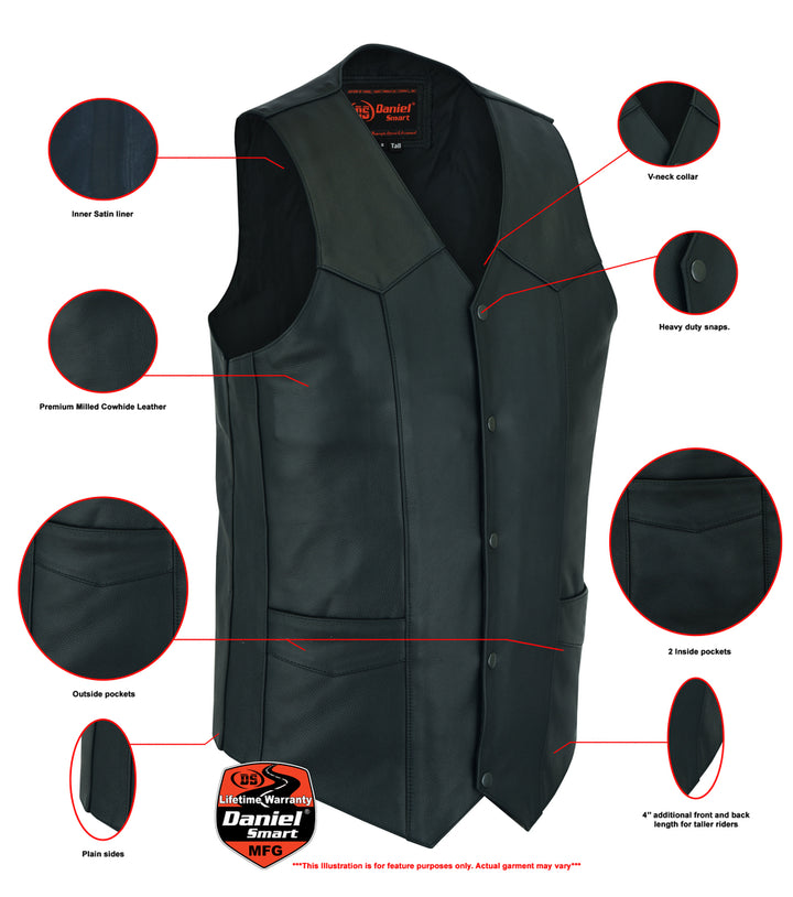 Black Hide Men's Tall  Motorcycle Leather Vest - Black