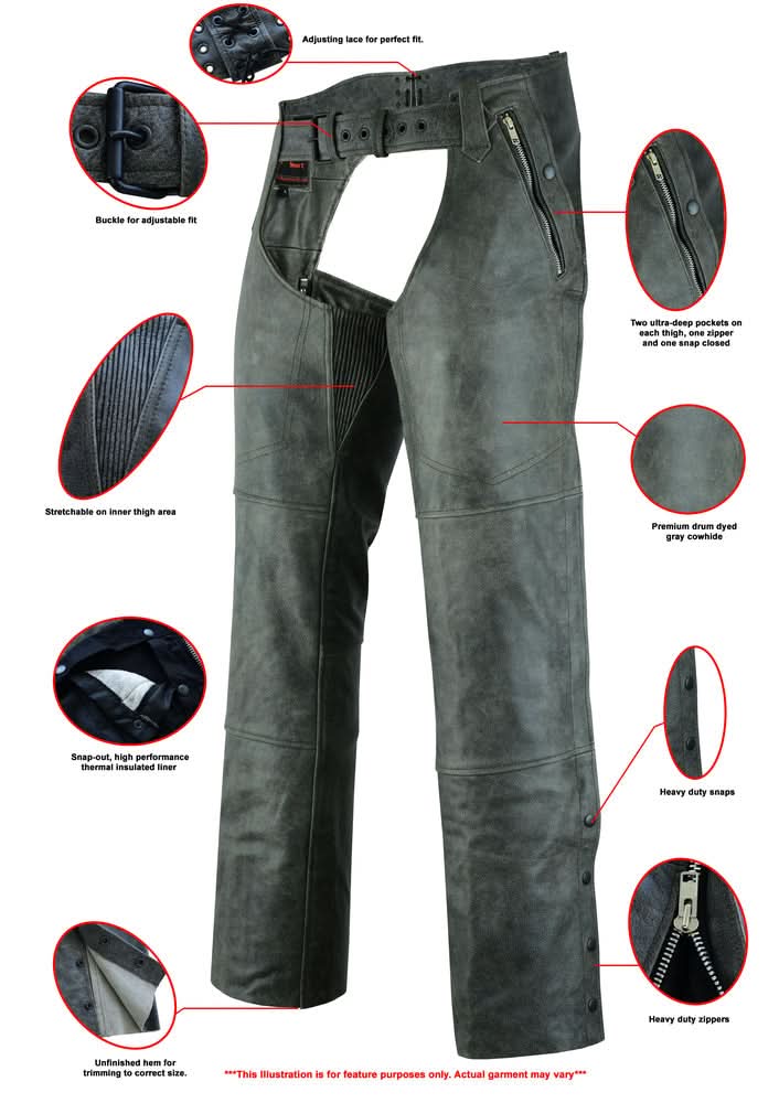 Erova Unisex Gray Motorcycle Leather Chaps Chaps & Pants Renegade Classics