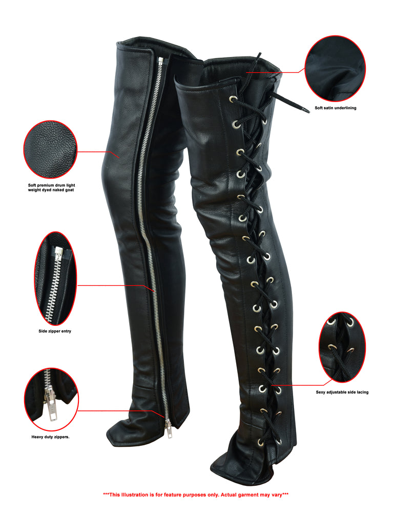 DS Women's Black Thigh High Leather Side Lace Leggings Chaps & Pants Renegade Classics