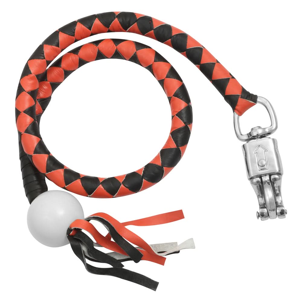 GBW209B Leather Handlebar Fringe - Orange/Black w/ White Pool Ball Whips Renegade Classics