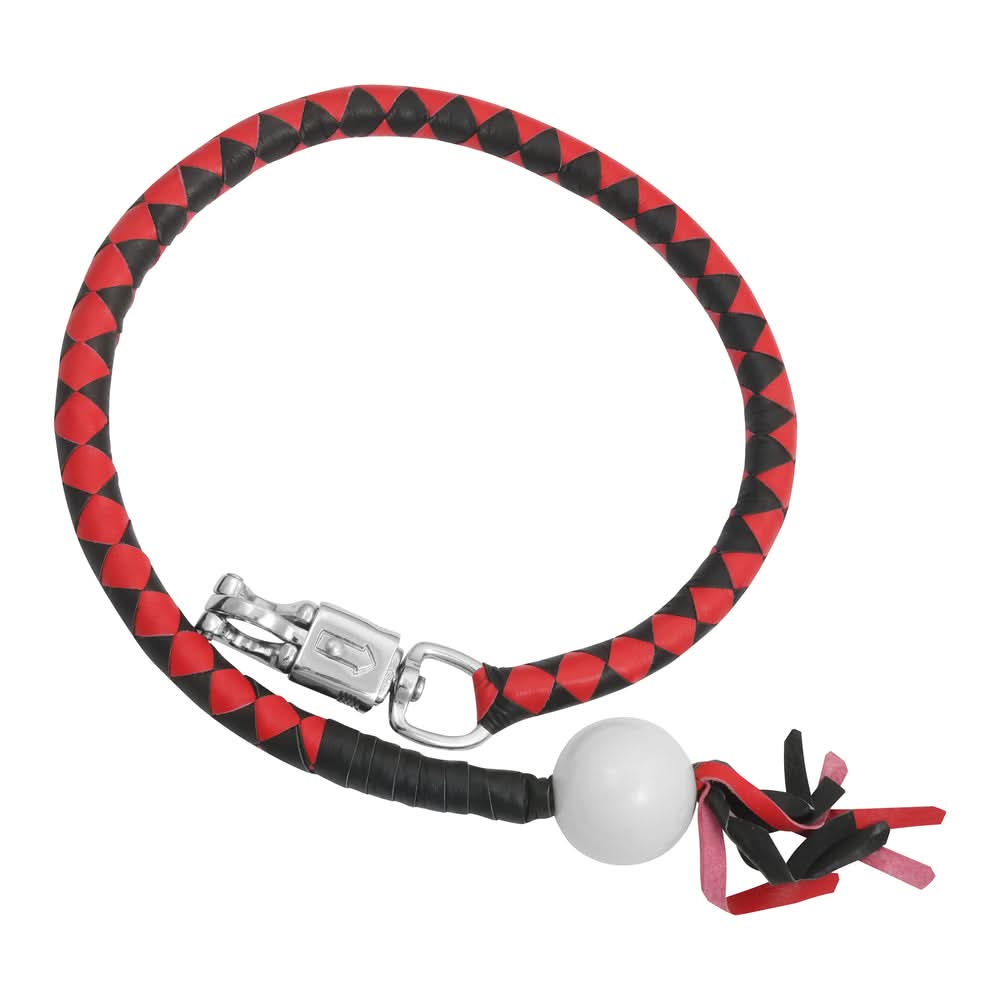 GBW211B Leather Handlebar Fringe - Red/Black w/ White Pool Ball Whips Renegade Classics