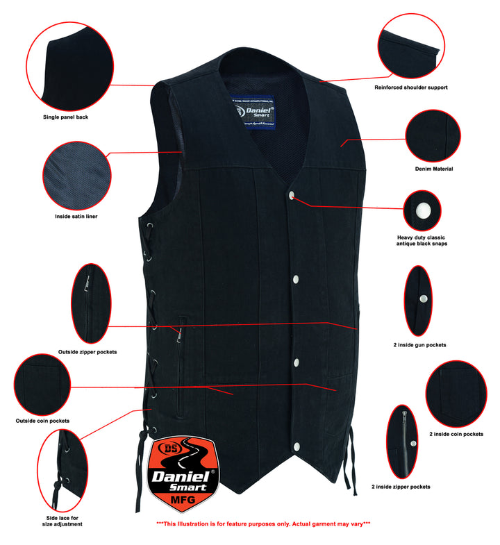 Denhawk Men's Tall Black Denim Motorcycle Vest