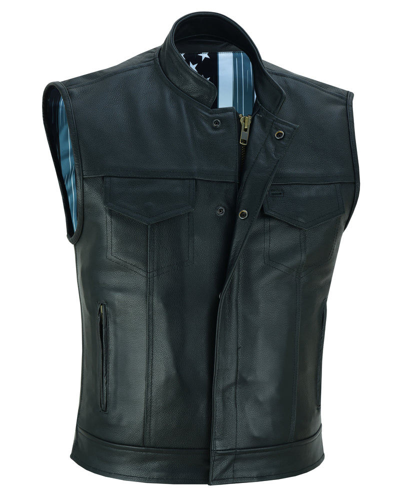 Black Rune Private Men's Black Leather Motorcycle Vest