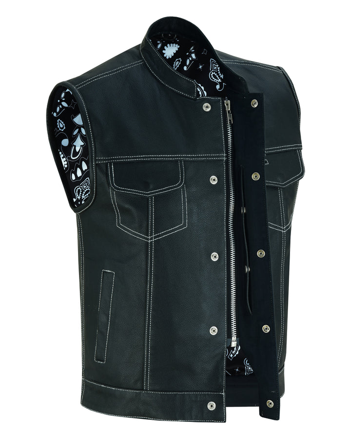 TonUp Men's Paisley Black Leather Motorcycle Vest