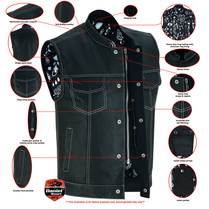 TonUp Men's Paisley Black Leather Motorcycle Vest