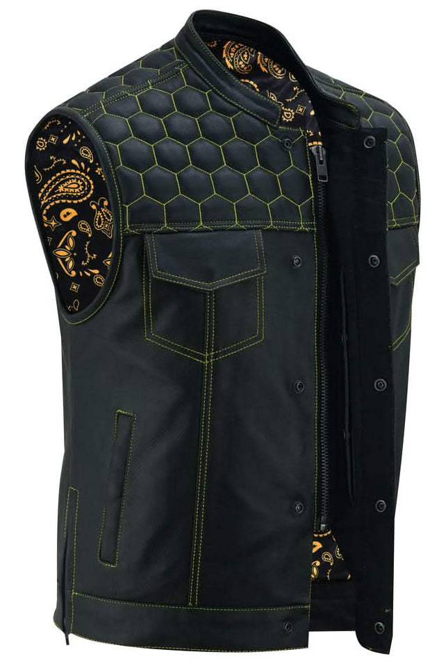 Gold Thread Black Leather Motorcycle Vest Men's Leather Vests Renegade Classics