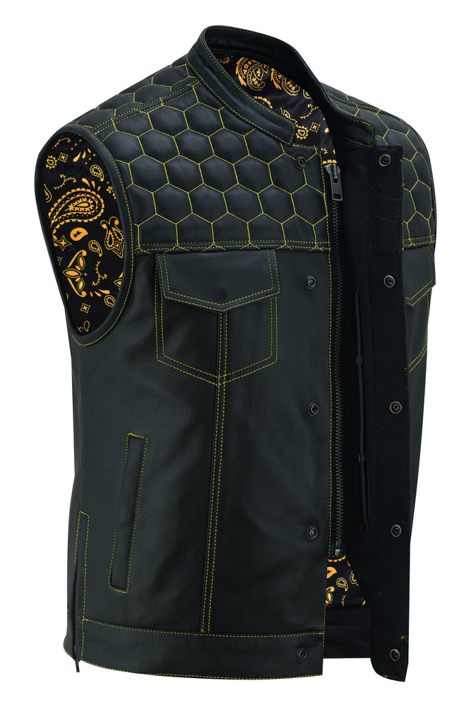 Gold Thread Black Leather Motorcycle Vest