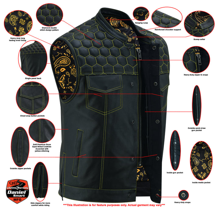 Gold Thread Black Leather Motorcycle Vest