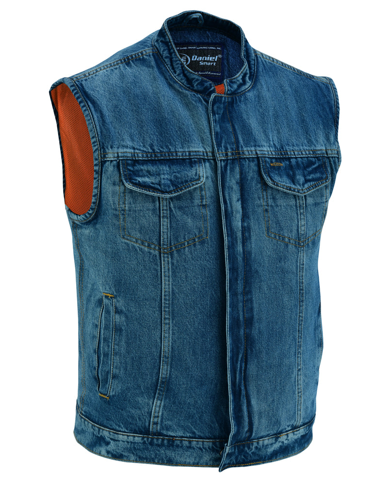 DM Men's Blue Denim Motorcycle Vest with Lace & Pockets