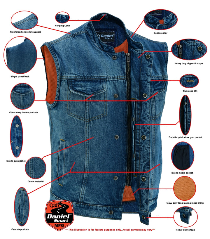 DM Men's Blue Denim Motorcycle Vest with Lace & Pockets