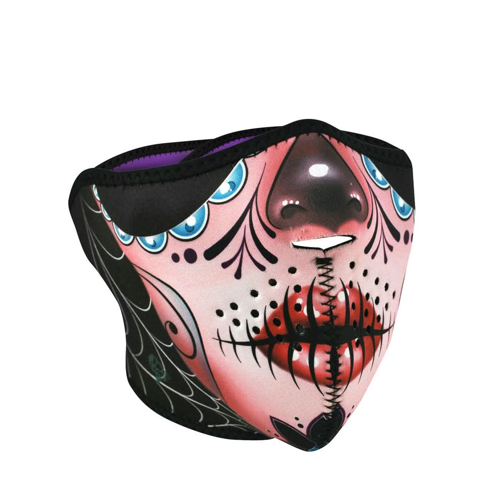 WNFM082H ZAN® Half Mask- Neoprene- Sugar Skull Reversible to Purp Half Face Masks ZAN Headgear
