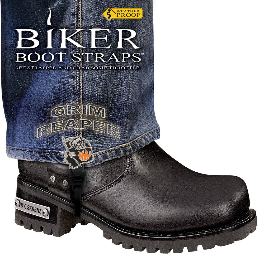 BBS/GR6 Weather Proof- Boot Straps- Grim Reaper- 6 Inch Biker Boot Straps Biker Boot Straps