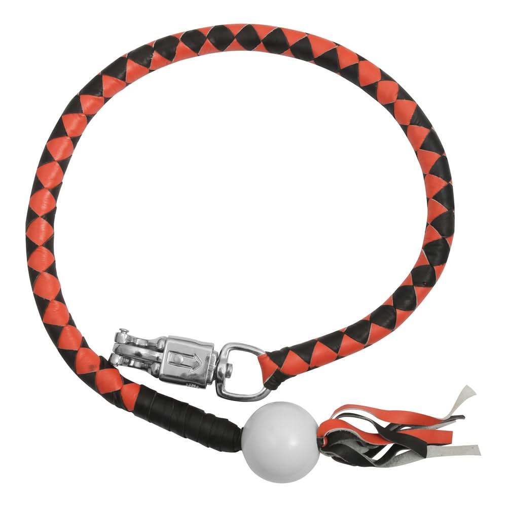 GBW209B Leather Handlebar Fringe - Orange/Black w/ White Pool Ball Whips Renegade Classics