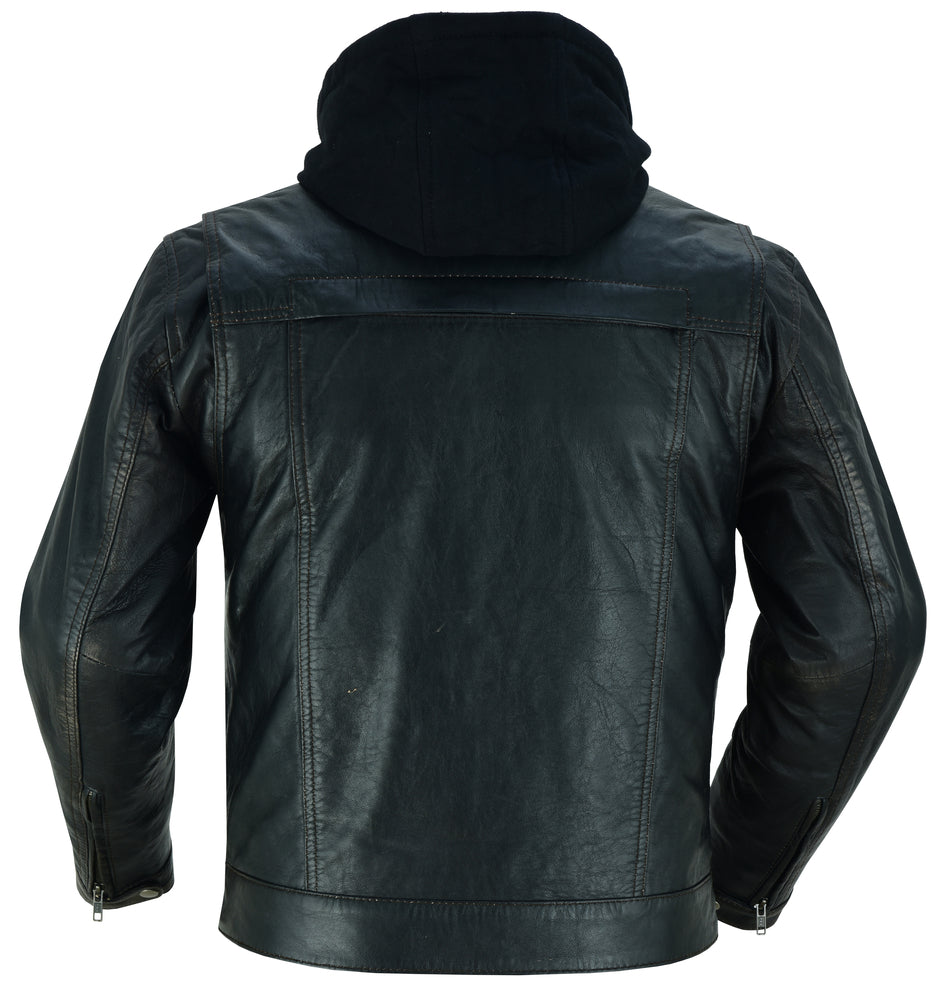 DS Men's Black Lightweight Drum Dyed  Distressed Lambskin Jacket with Removable Hoodie