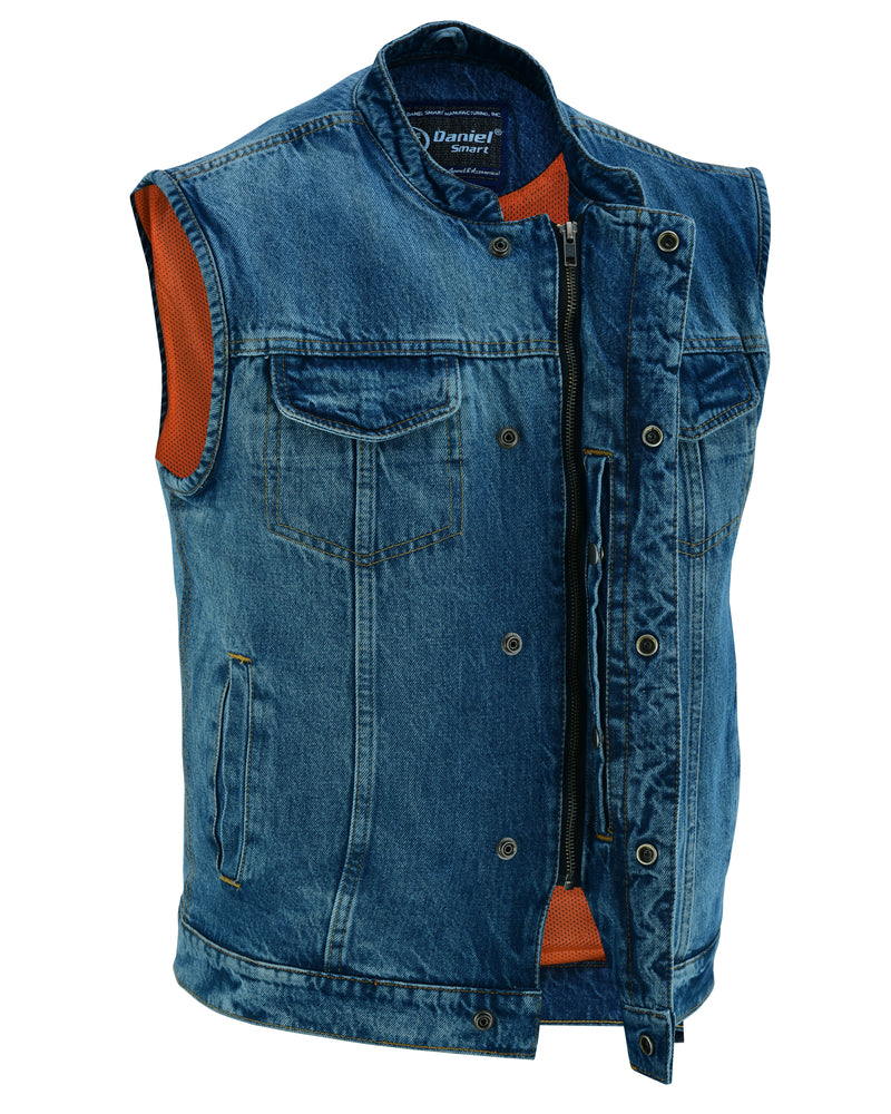 DM Men's Blue Denim Motorcycle Vest with Lace & Pockets