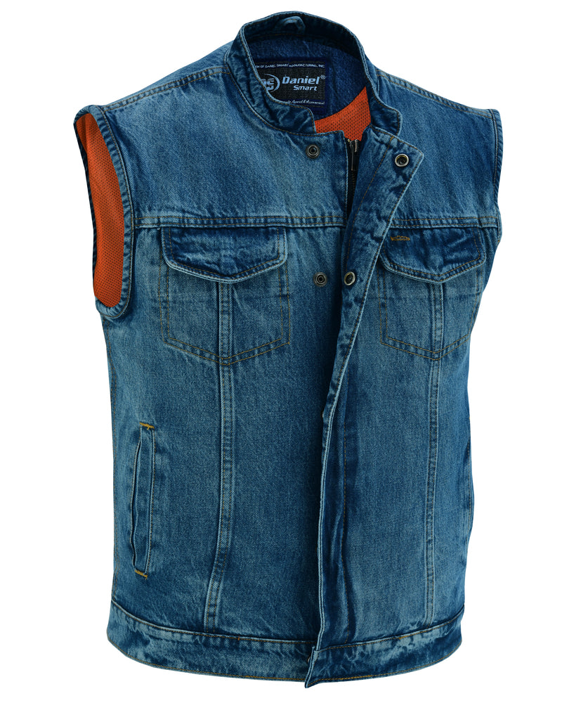 DM Men's Blue Denim Motorcycle Vest with Lace & Pockets