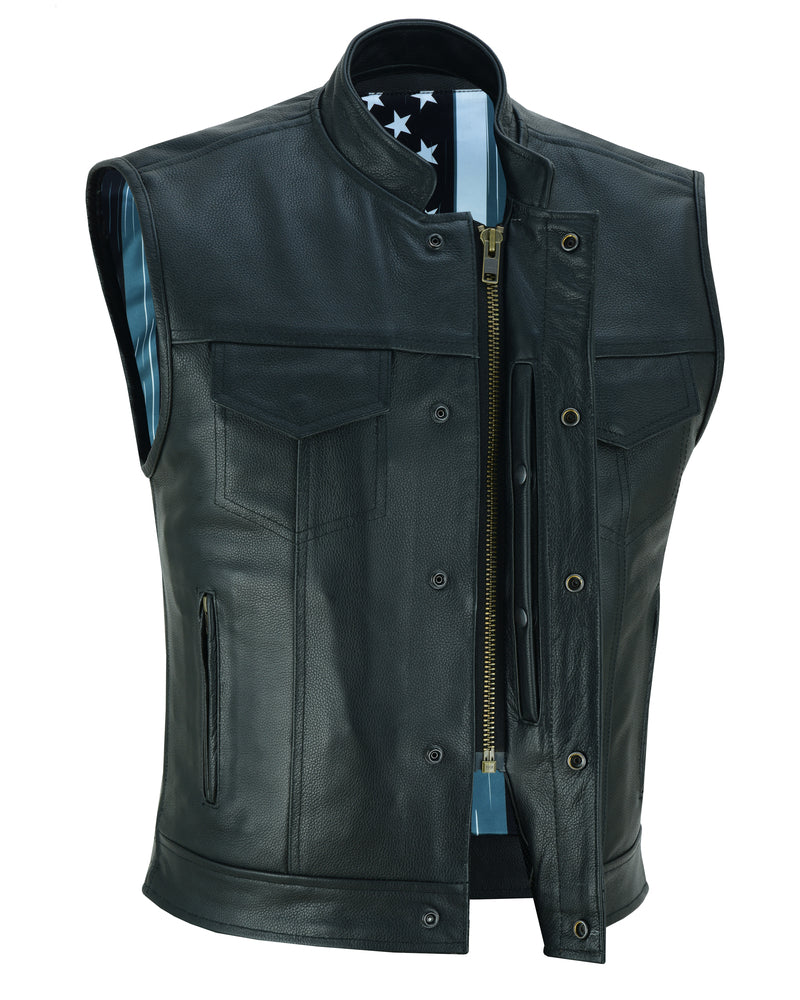 Black Rune Private Men's Black Leather Motorcycle Vest