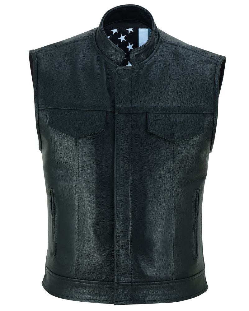 Black Rune Private Men's Black Leather Motorcycle Vest