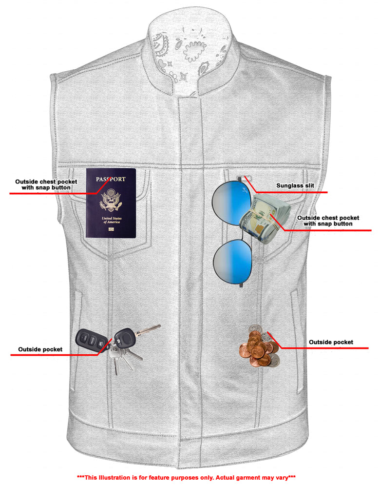 TonUp Men's Paisley Black Leather Motorcycle Vest Men's Leather Vests Renegade Classics