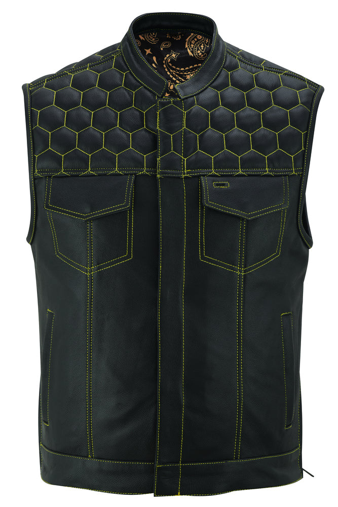 Gold Thread Black Leather Motorcycle Vest Men's Leather Vests Renegade Classics