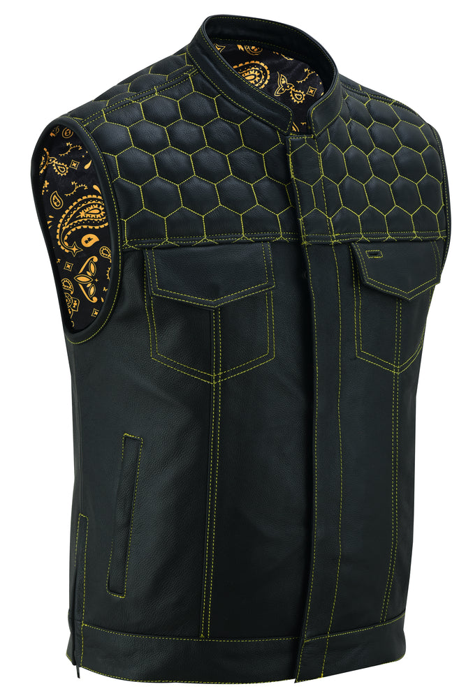Gold Thread Black Leather Motorcycle Vest Men's Leather Vests Renegade Classics