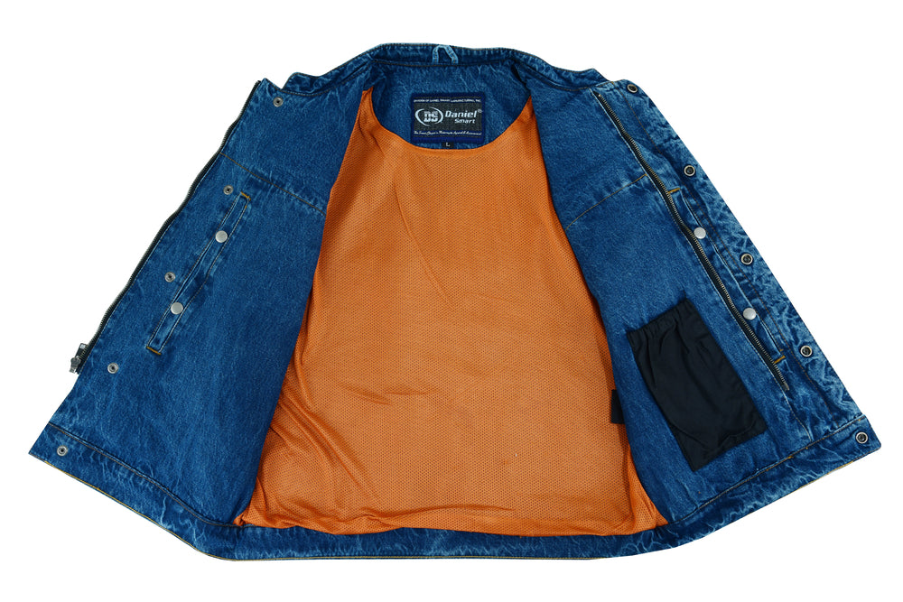 DM Men's Blue Denim Motorcycle Vest with Lace & Pockets